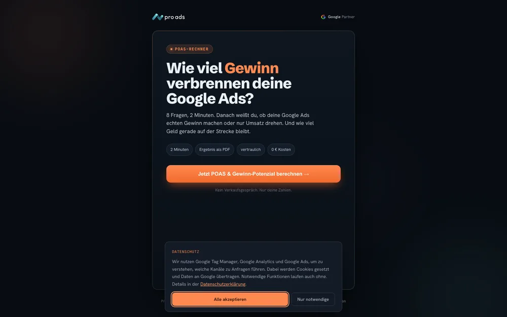 Startseite des POAS-Rechners von Pro Ads Marketing